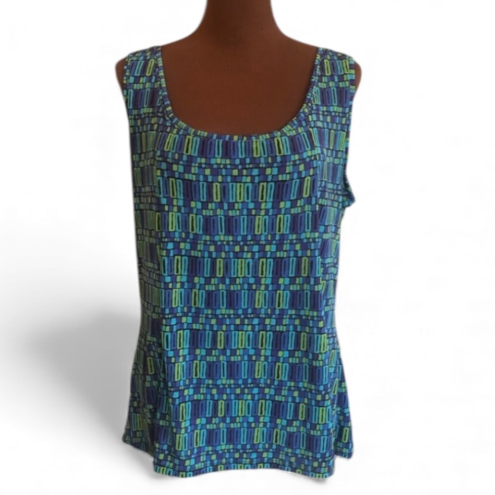 Sleeveless Women’s Knit Tank Top Size 2X in Blue and Green Abstract Pattern GUC